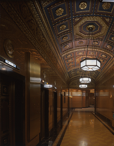 The ornate bank of elevators at 200 Madison Ave.